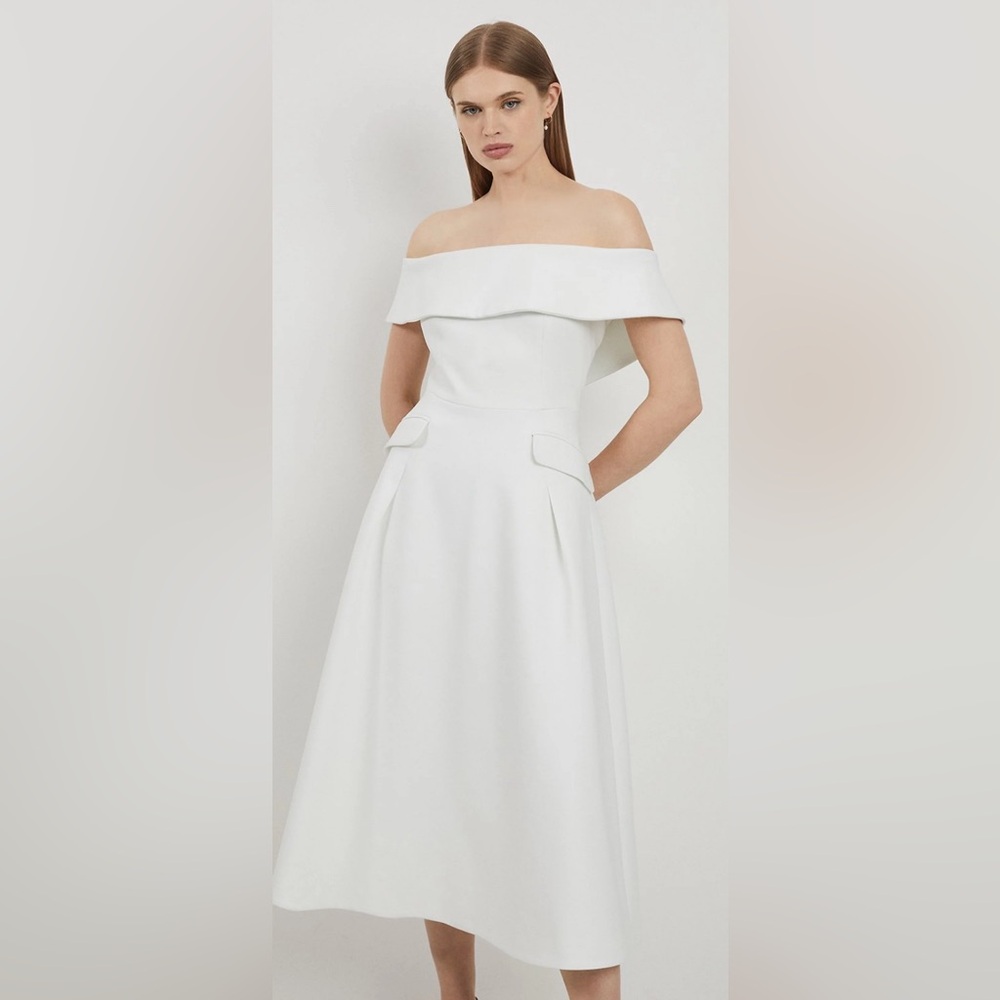 Karen Millen Compact Stretch Off The Shoulder Full Skirt Tailored Midi Dress